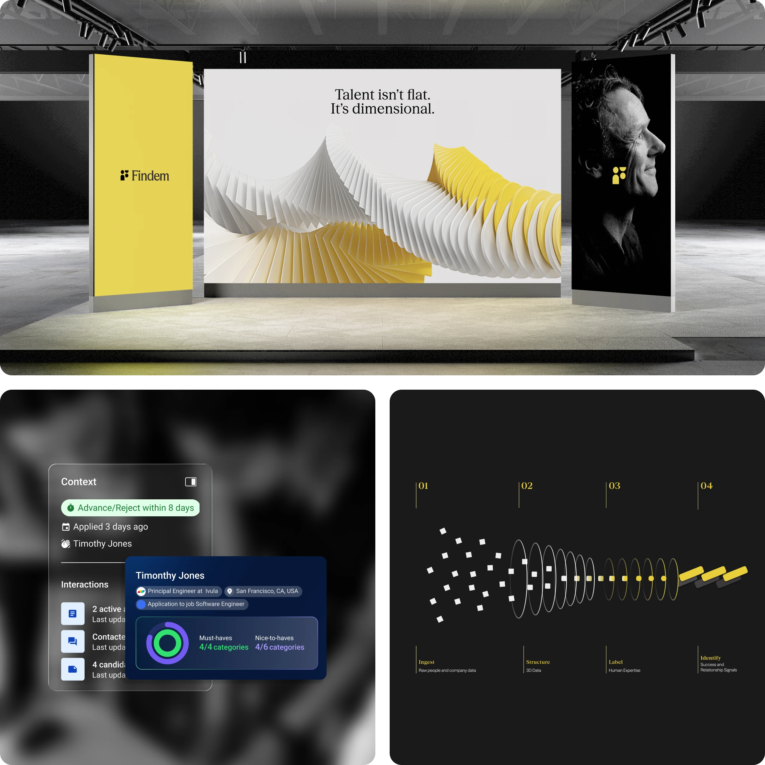 Findem brand applications across a campaign installation and product visuals.