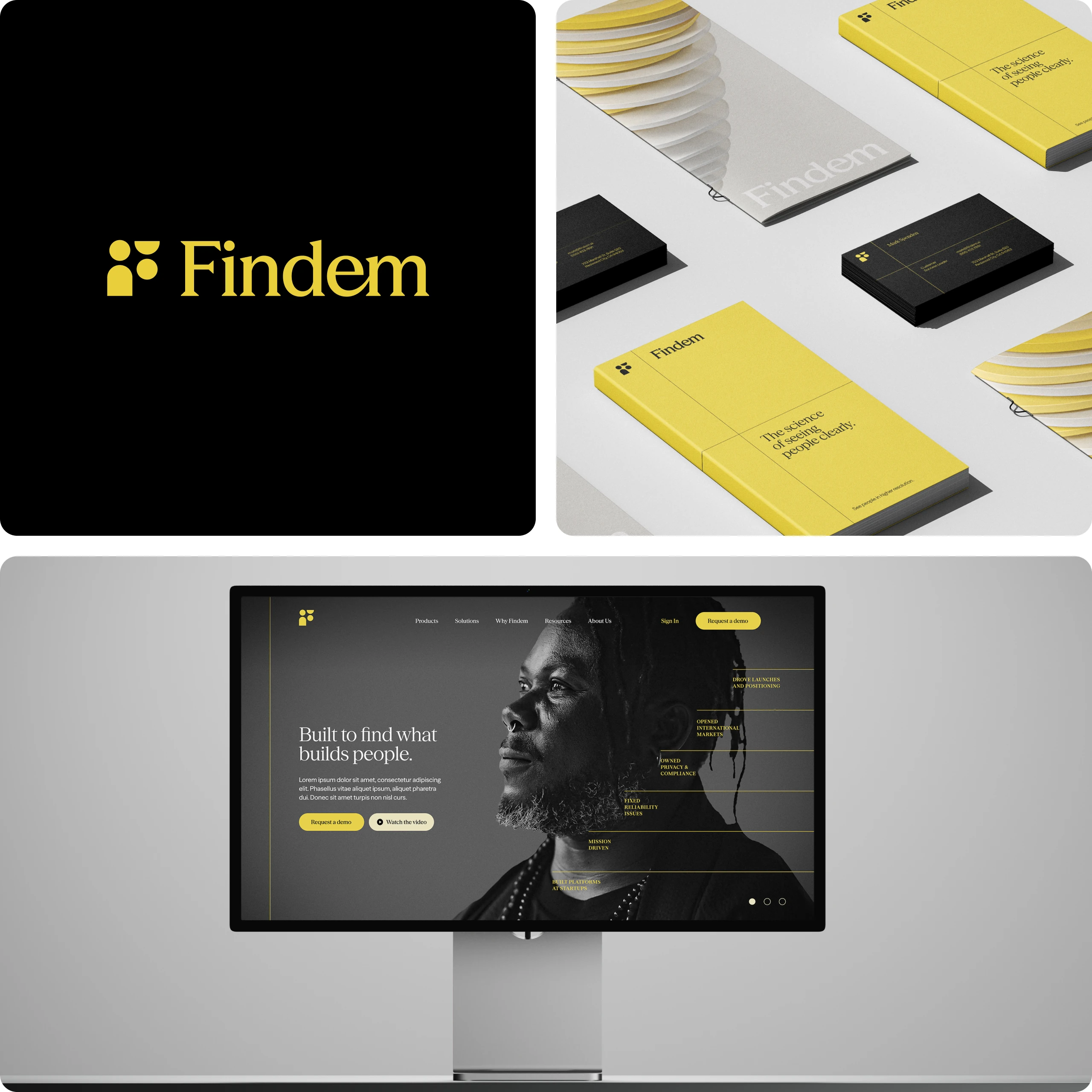Findem identity system, collateral, and digital brand applications.