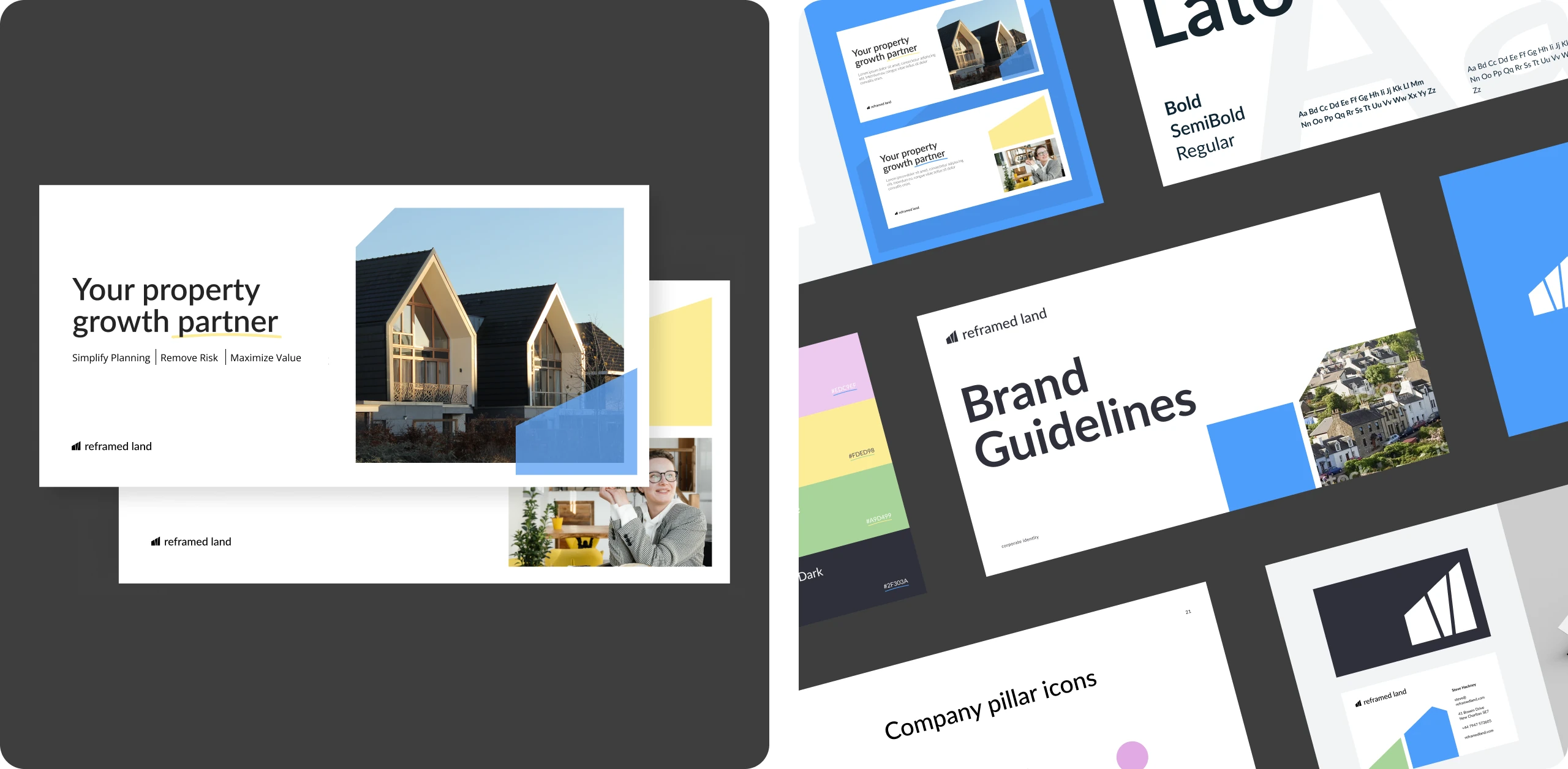 Reframed Land brand guidelines and application mockups.