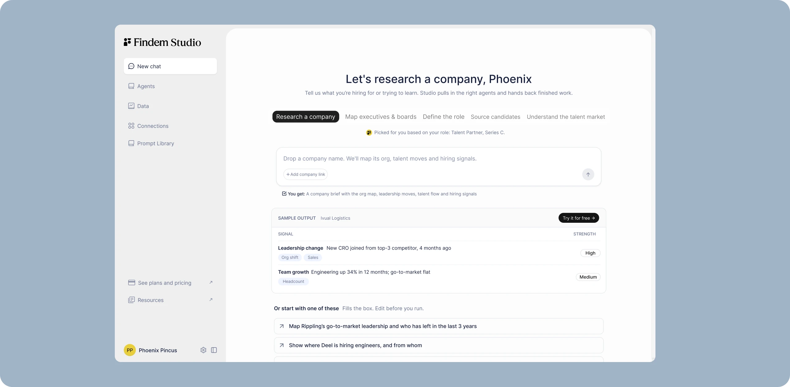 Findem Studio research workflow with an AI recruiting agent.