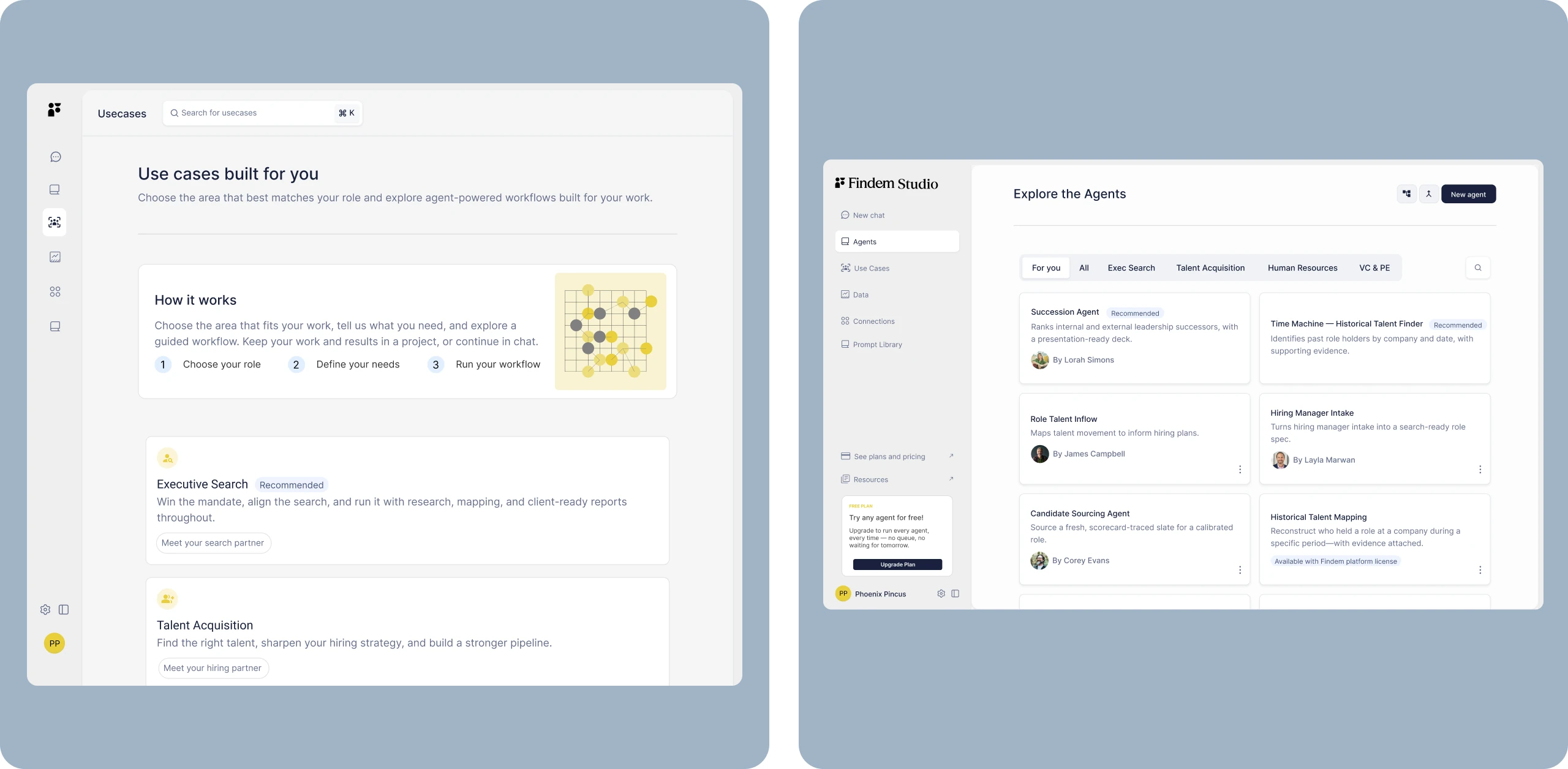 Findem Studio workflow and agent interface explorations.