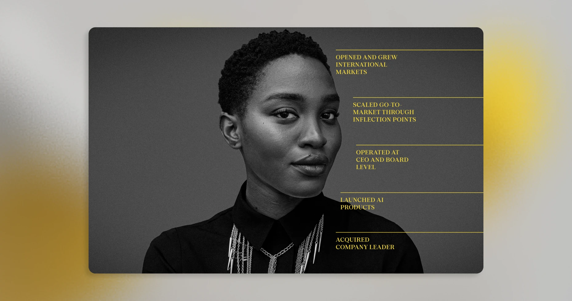 Findem brand case study featuring a black and white portrait with yellow brand messaging