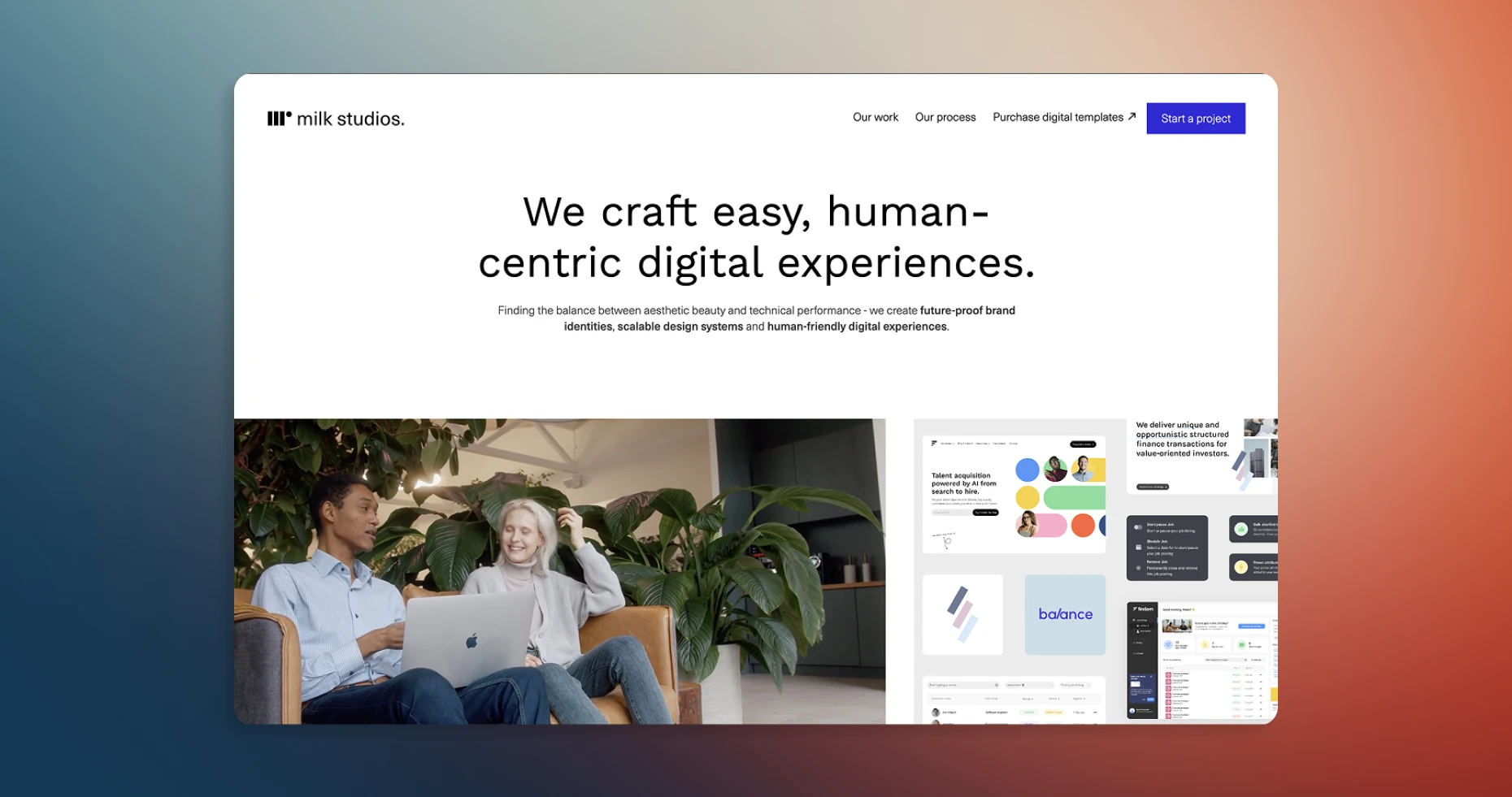 Milk Studios portfolio website featuring digital experiences and a team working together