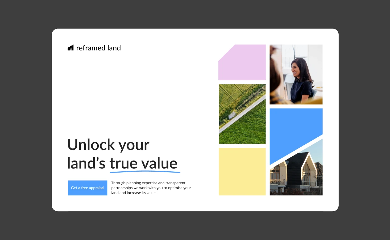 Reframed Land website concept showing land valuation, property, and landscape imagery
